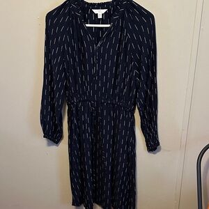 Time and Tru Navy Blue Patterned Long-Sleeve Dress